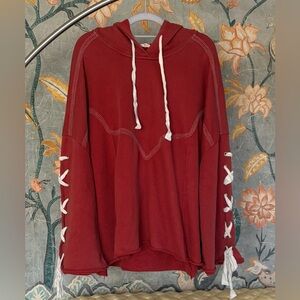 POL Raw Hem Hoodie with Tie-Up Sleeves in Rustic Red Medium